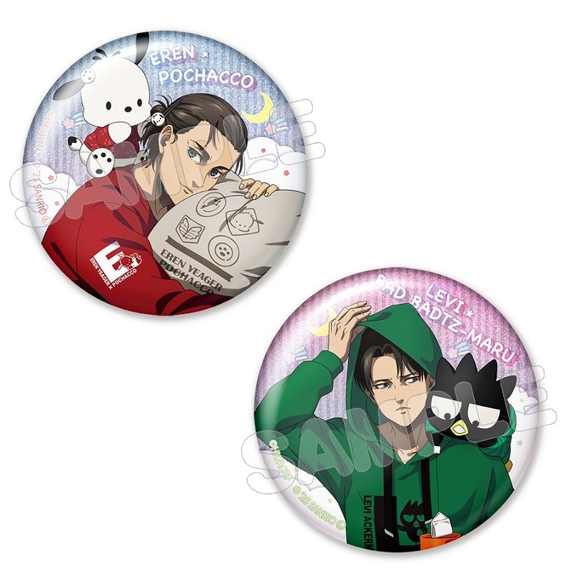 進撃の巨人×サンリオキャラクターズ4 グリッター缶バッジセット エレン×ポチャッコ、リヴァイ×バッドばつ丸
 
2025年08月発売
で取扱中 (アニメイト)